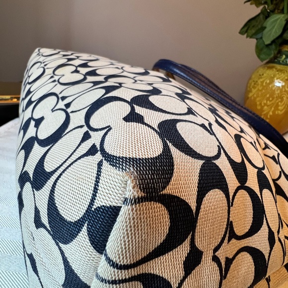 COACH Navy Blue and Khaki Signature C City Canvas and Leather Zipper Tote Bag - Picture 5 of 12